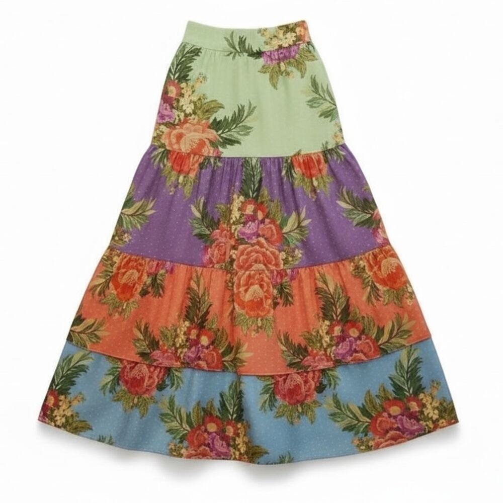 Farm Rio Tropical Floral Patchwork Tiered Floral Maxi Skirt Size Large Bohemian - Picture 10 of 13